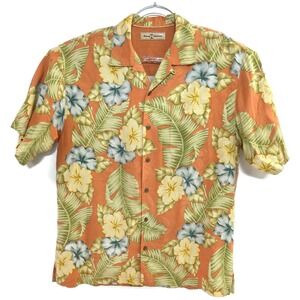 Tommy Bahama Shirt Mens Medium Orange Silk Hawaiian Floral Aloha Resort